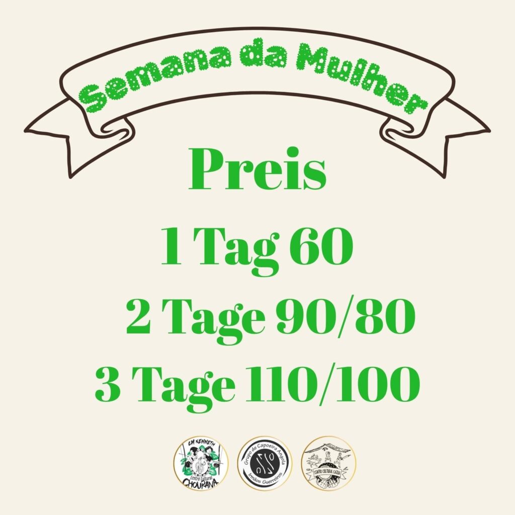Semana da Mulher

Preise

1 Tag 60
2 Tage 90/80
3 Tage 110/100